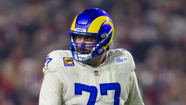 Dec 13, 2021; Glendale, Arizona, USA; Los Angeles Rams offensive tackle Andrew Whitworth (77) against the Arizona Cardinals at State Farm Stadium. Mandatory Credit: Mark J. Rebilas-USA TODAY Sports